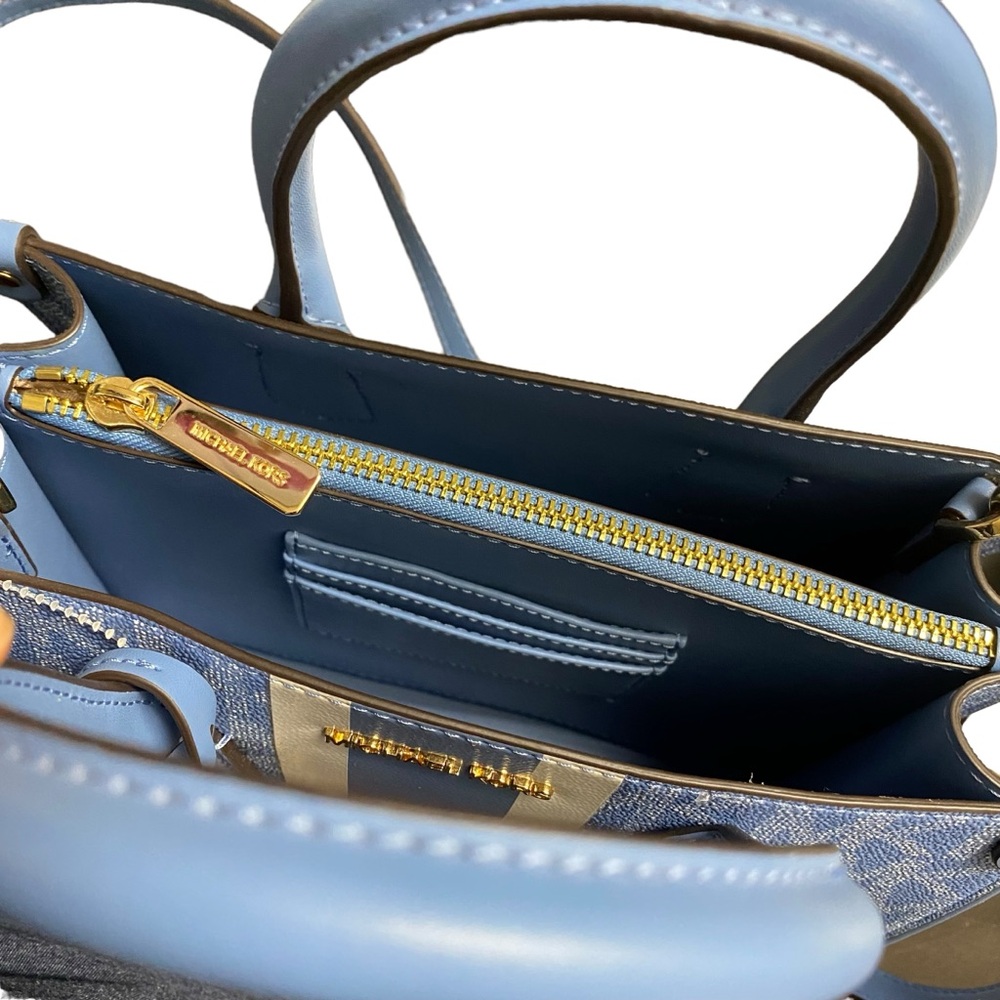 New MICHAEL KORS CENTER STRIPE MAPLE SM SATCHEL BRT BLUE WHITE CROSSBODY BAG - Picture 11 of 14